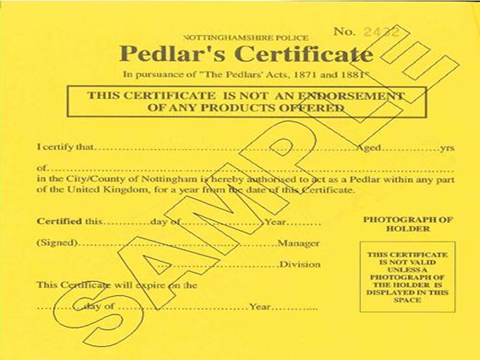 Sample typical pedlars certificate